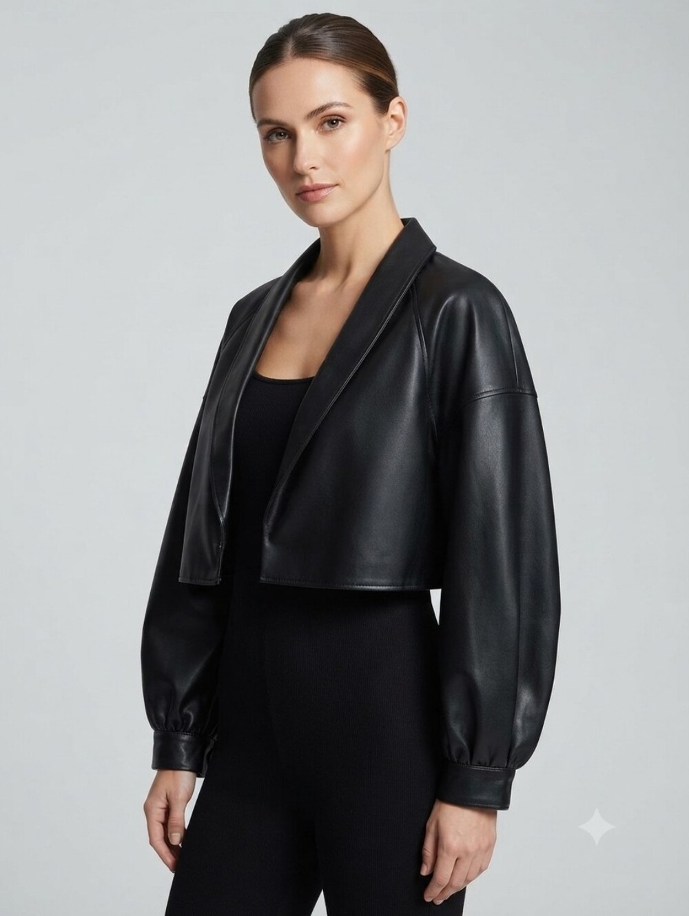INC International Concepts Black Faux Leather Cropped Shawl Collar Jacket